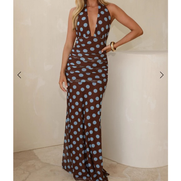 Hello Molly Dresses & Skirts - Hello Molly Brown & Blue Polka Dot Maxi Halter Dress